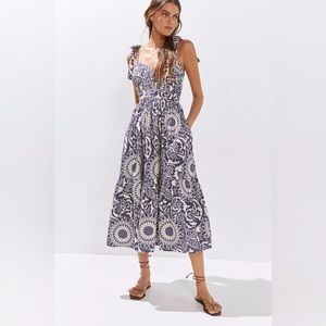 NWT Anthropologie Forever That Girl Blue & White Flounced Floral Midi Dress